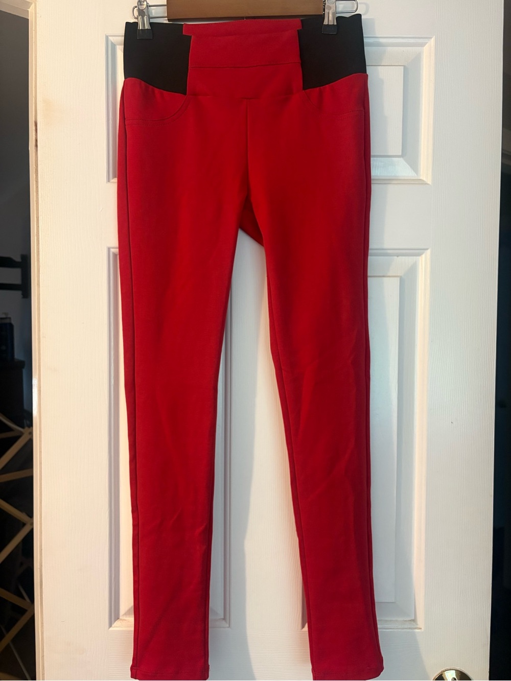 Ci Sono Red Ponte Leggings with Black Waistband